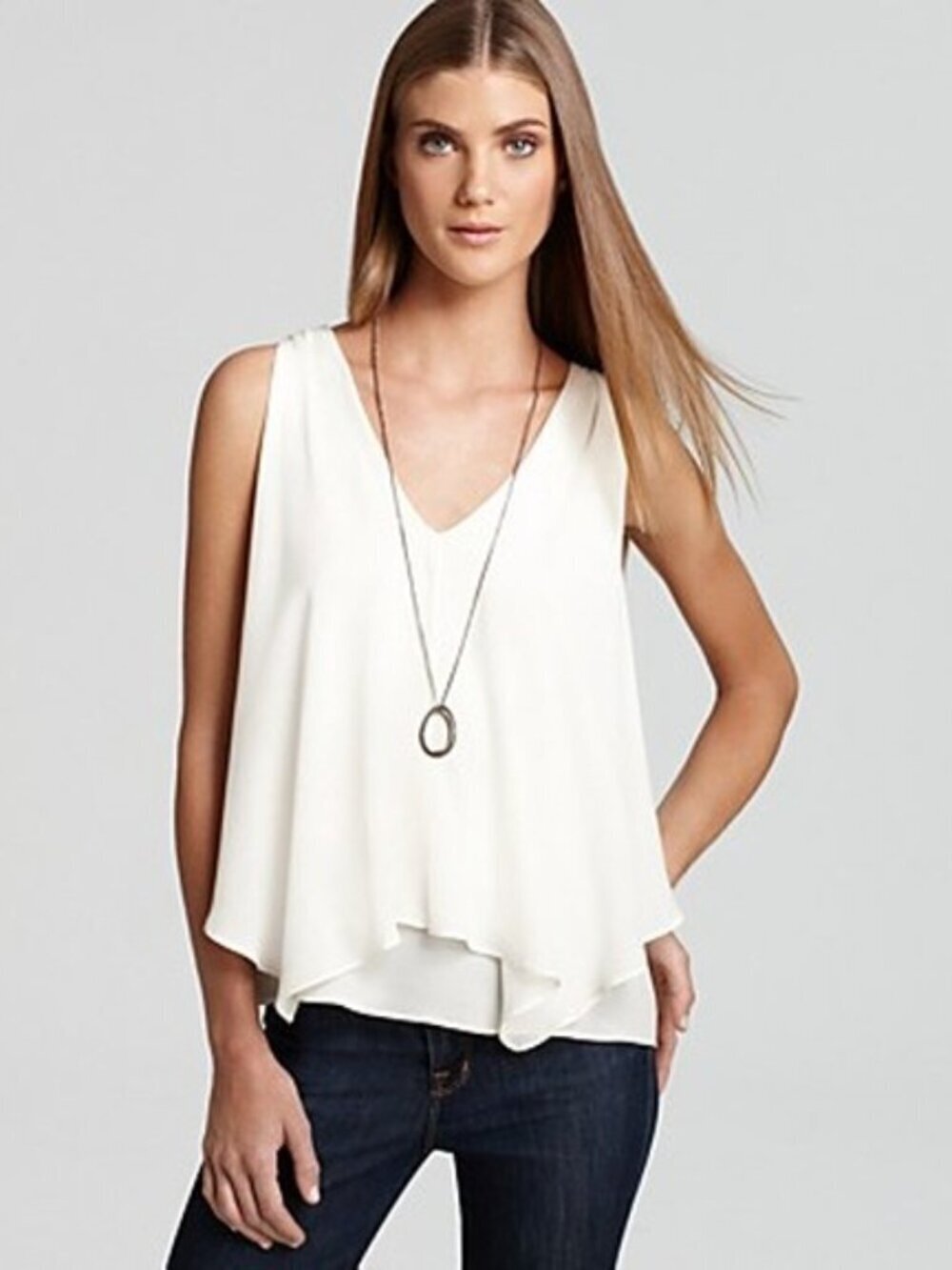 THEORY Jantine Ivory Double Faced 100% Silk Georgette Layered Blouse, Size P/TP
